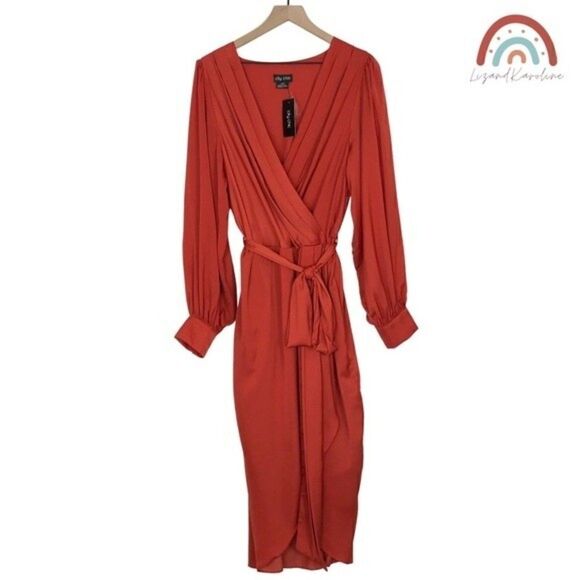 New! City Chic Opulent Faux Wrap Amber Cocktail Party Fall Midi Dress - Picture 3 of 16